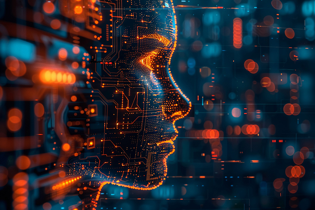 Digital visualization of a human face integrated with complex circuit patterns, representing the concept of quantum computing and advanced technology