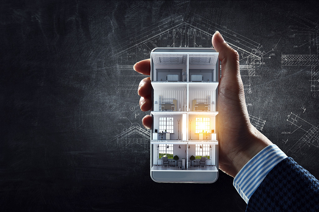 Hand holding a smartphone displaying a 3D model of a multi-story building, symbolizing technology's impact on real estate.